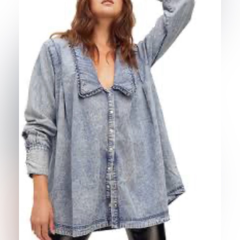 Free People Charlie denim pearl snap shirt jacket shacket mini